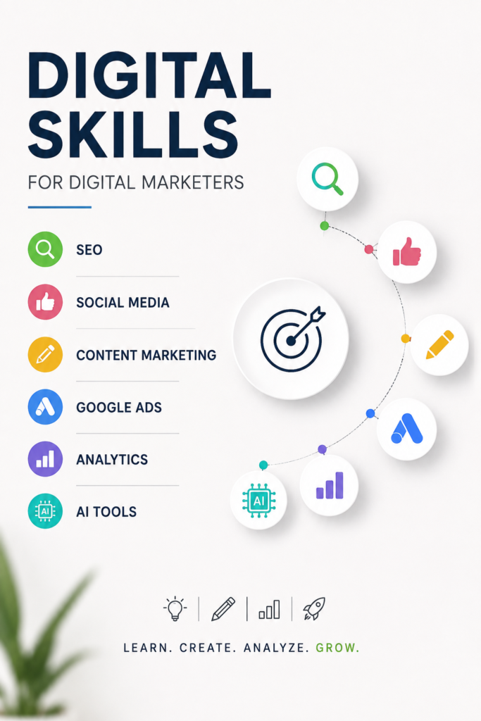 **Image Alt Text:**
Core skills for digital marketing executive including SEO, social media marketing, content marketing, Google Ads, analytics, and AI tools.